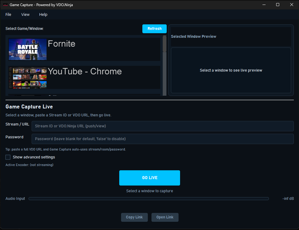 Game Capture app window showing window selection and go live controls